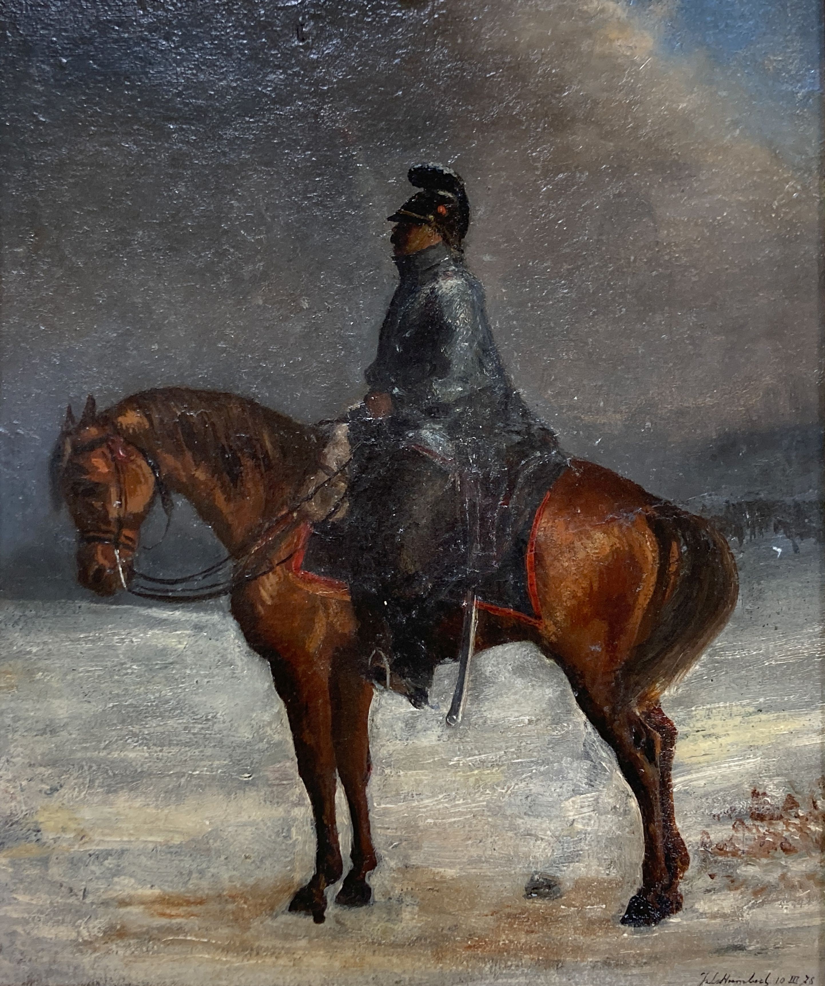 Jul. Harrabach (19th C.), oil on board, cavalryman on horseback in winter, signed, 37 x 31cm.